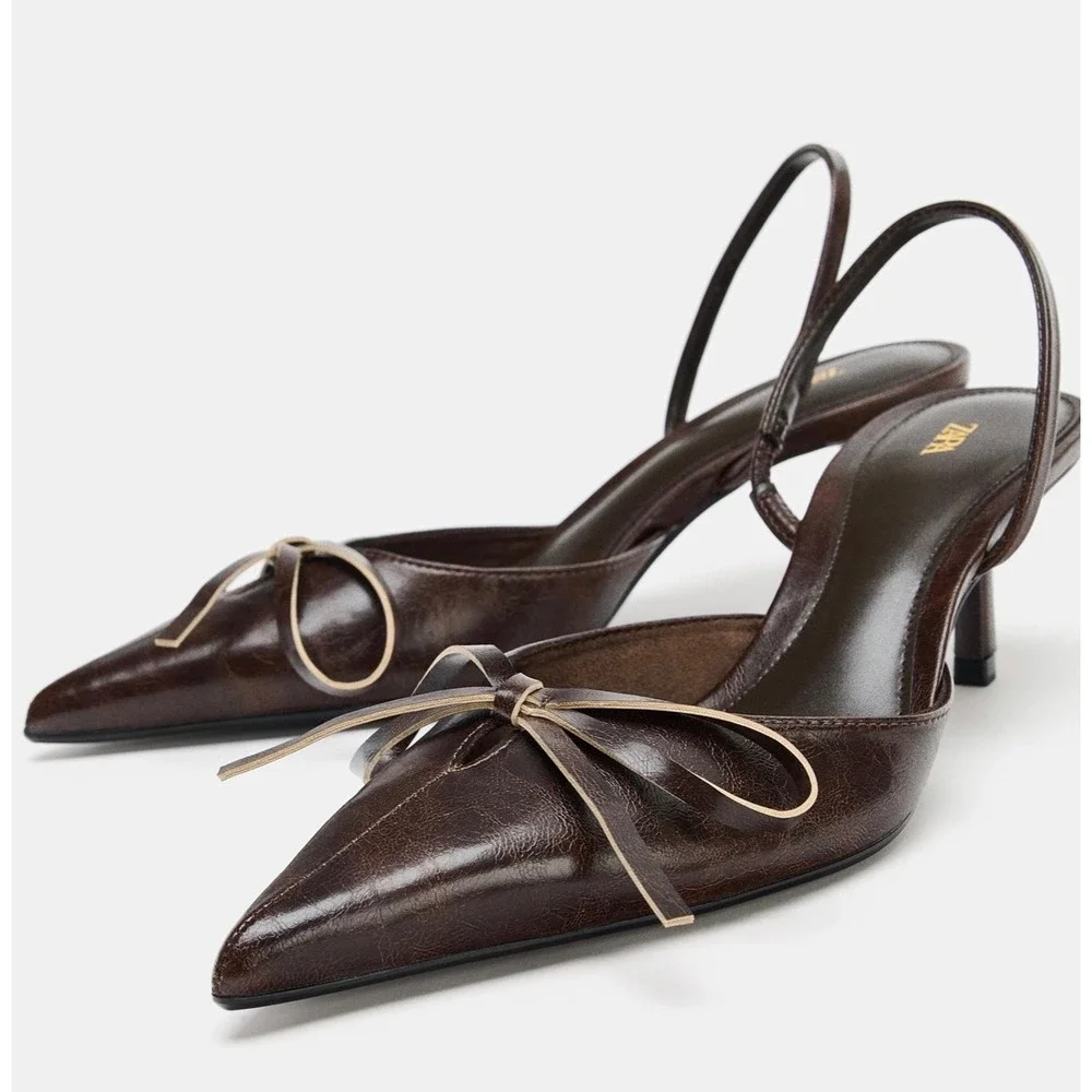 Zara Bow Slingback Heels – Brown – Women's 6.5 – NWT